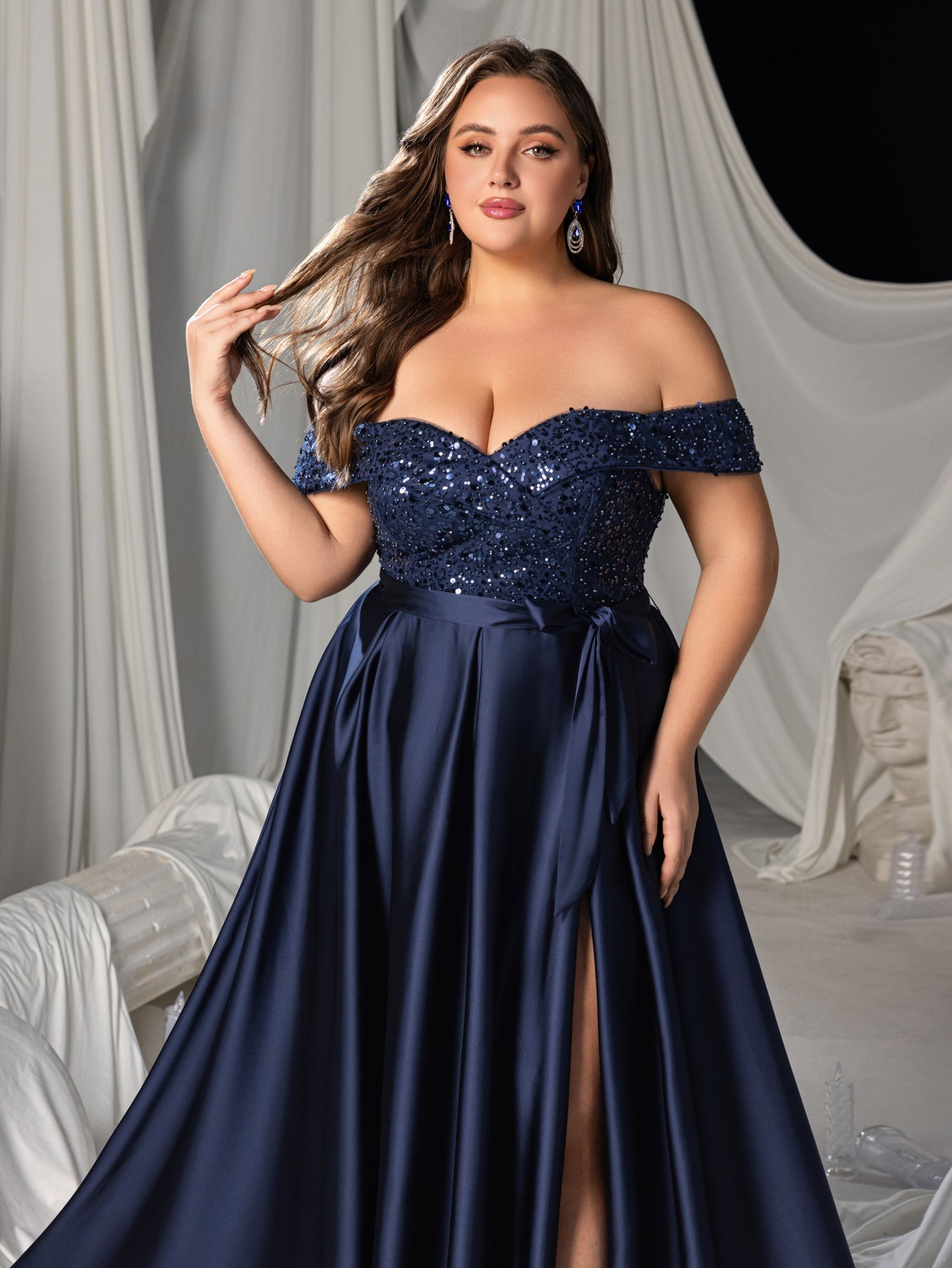 Plus Elegant Off-Shoulder Evening Gown with Sequin Embellishments â€?High Slit Satin Skirt & Back Zipper for Luxury Weddings or Evening Glam