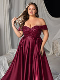 Plus Elegant Off-Shoulder Evening Gown with Sequin Embellishments â€?High Slit Satin Skirt & Back Zipper for Luxury Weddings or Evening Glam