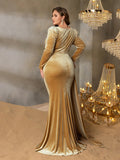 Plus Elegant Pearl Embellished Diagonal Neck Mermaid Hem Velvet Formal Evening Dress