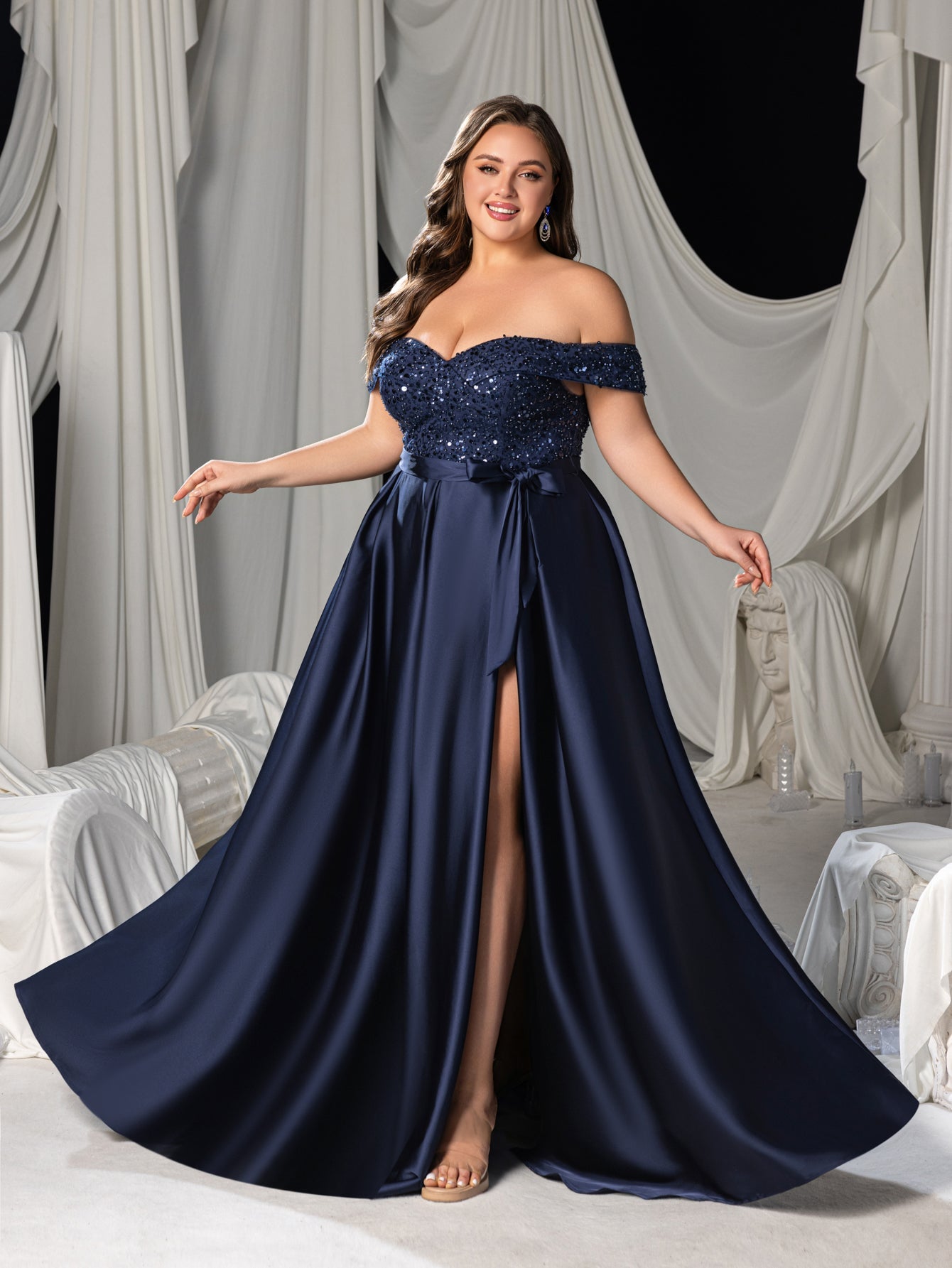 Plus Elegant Off-Shoulder Evening Gown with Sequin Embellishments â€?High Slit Satin Skirt & Back Zipper for Luxury Weddings or Evening Glam