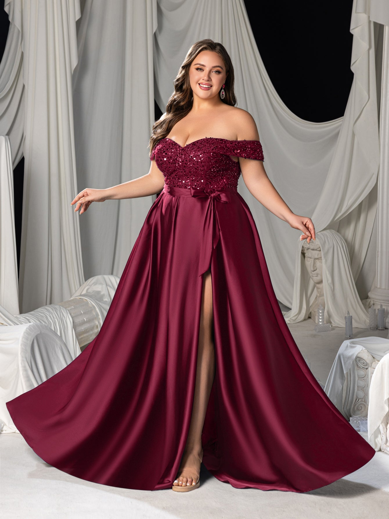 Plus Elegant Off-Shoulder Evening Gown with Sequin Embellishments â€?High Slit Satin Skirt & Back Zipper for Luxury Weddings or Evening Glam