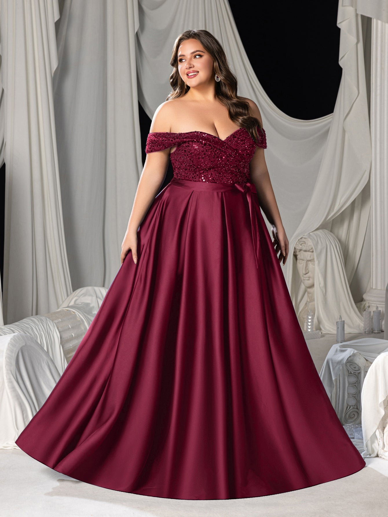 Plus Elegant Off-Shoulder Evening Gown with Sequin Embellishments â€?High Slit Satin Skirt & Back Zipper for Luxury Weddings or Evening Glam