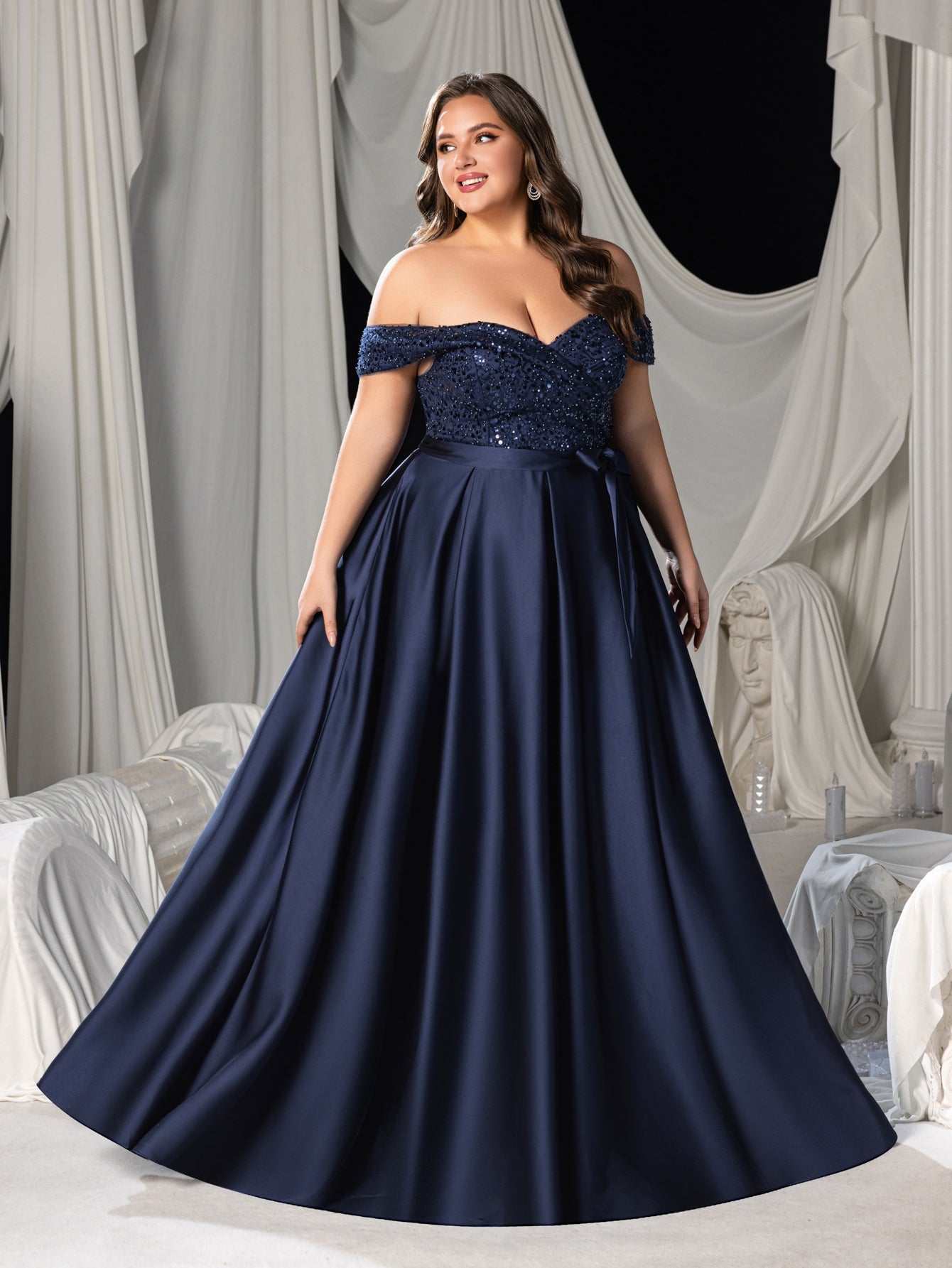 Plus Elegant Off-Shoulder Evening Gown with Sequin Embellishments â€?High Slit Satin Skirt & Back Zipper for Luxury Weddings or Evening Glam