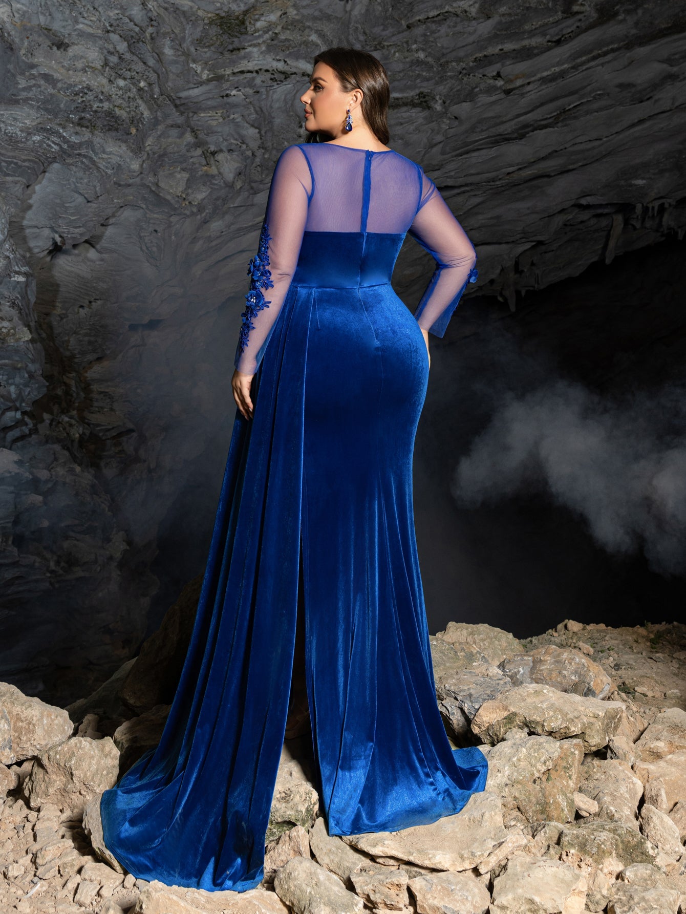 Plus Floral Embroidered Velvet Evening Dress | Illusion Sleeves with Low Back & High Slit