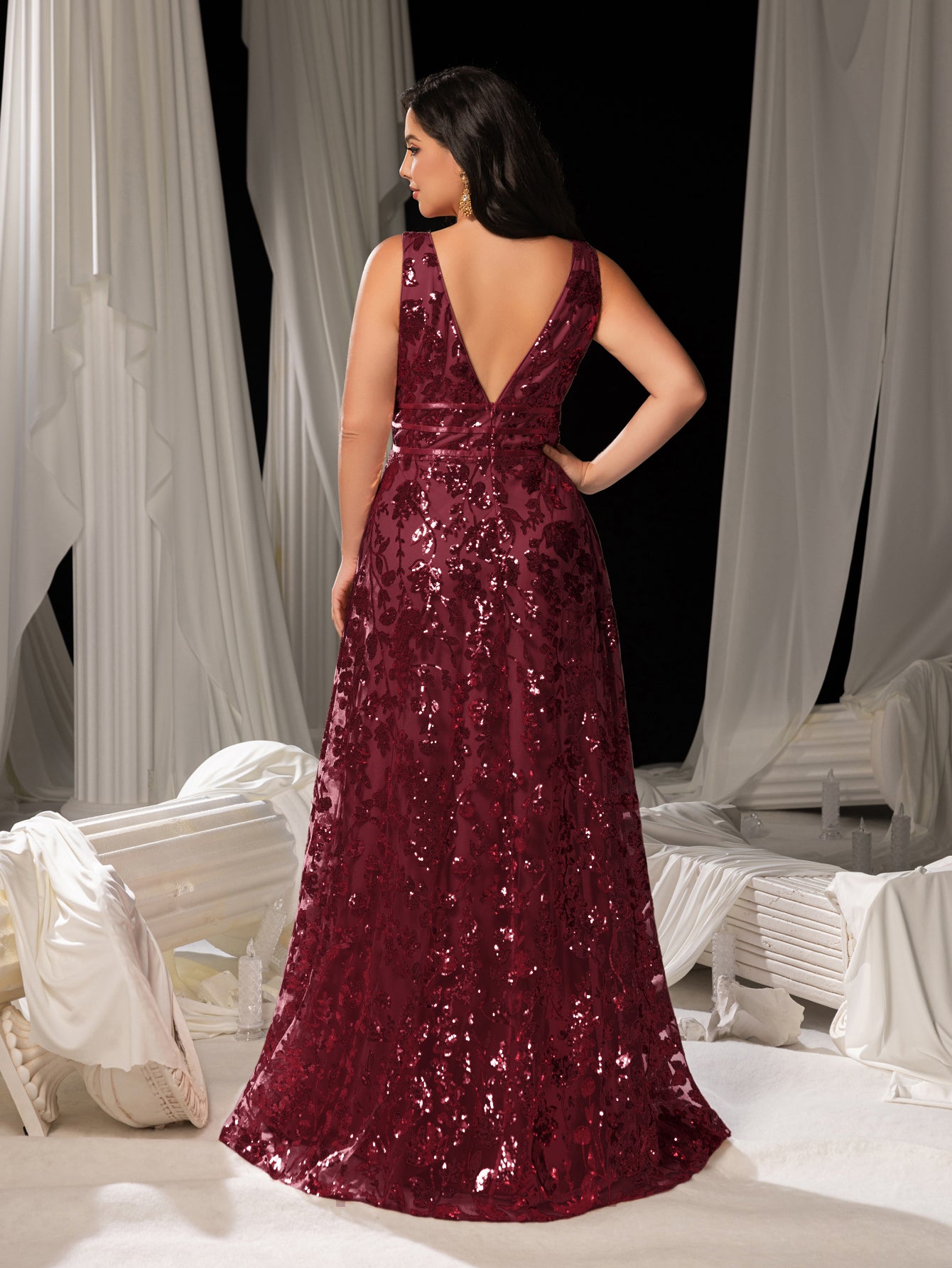 Plus Plunging Meck Backless Floral Sequin Prom Dress Green / 4XL Plus Plunging Meck Backless Floral Sequin Prom Dress Green / 4XL