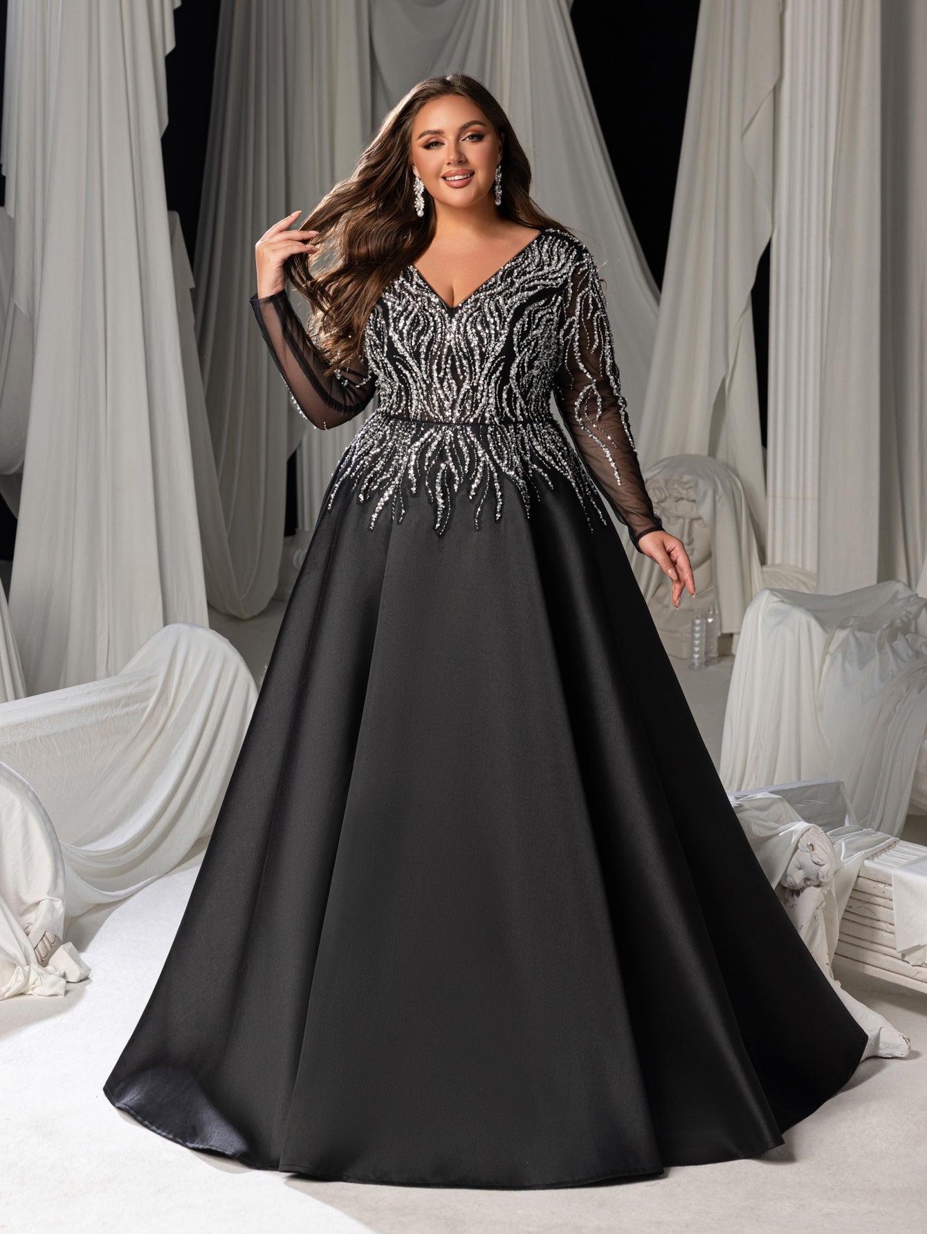 Plus Size Deep V-Neck Sequin Illusion Evening Gown - Satin Formal Dre Black / 3XL Plus Size Deep V-Neck Sequin Illusion Evening Gown - Satin Formal Dre Black / 3XL