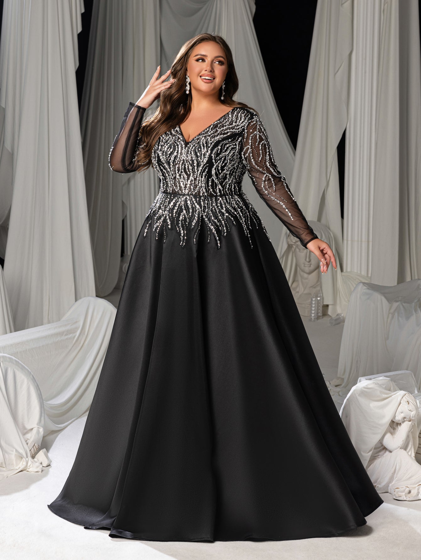 Plus Size Deep V-Neck Sequin Illusion Evening Gown - Satin Formal Dre Black / 3XL Plus Size Deep V-Neck Sequin Illusion Evening Gown - Satin Formal Dre Black / 3XL