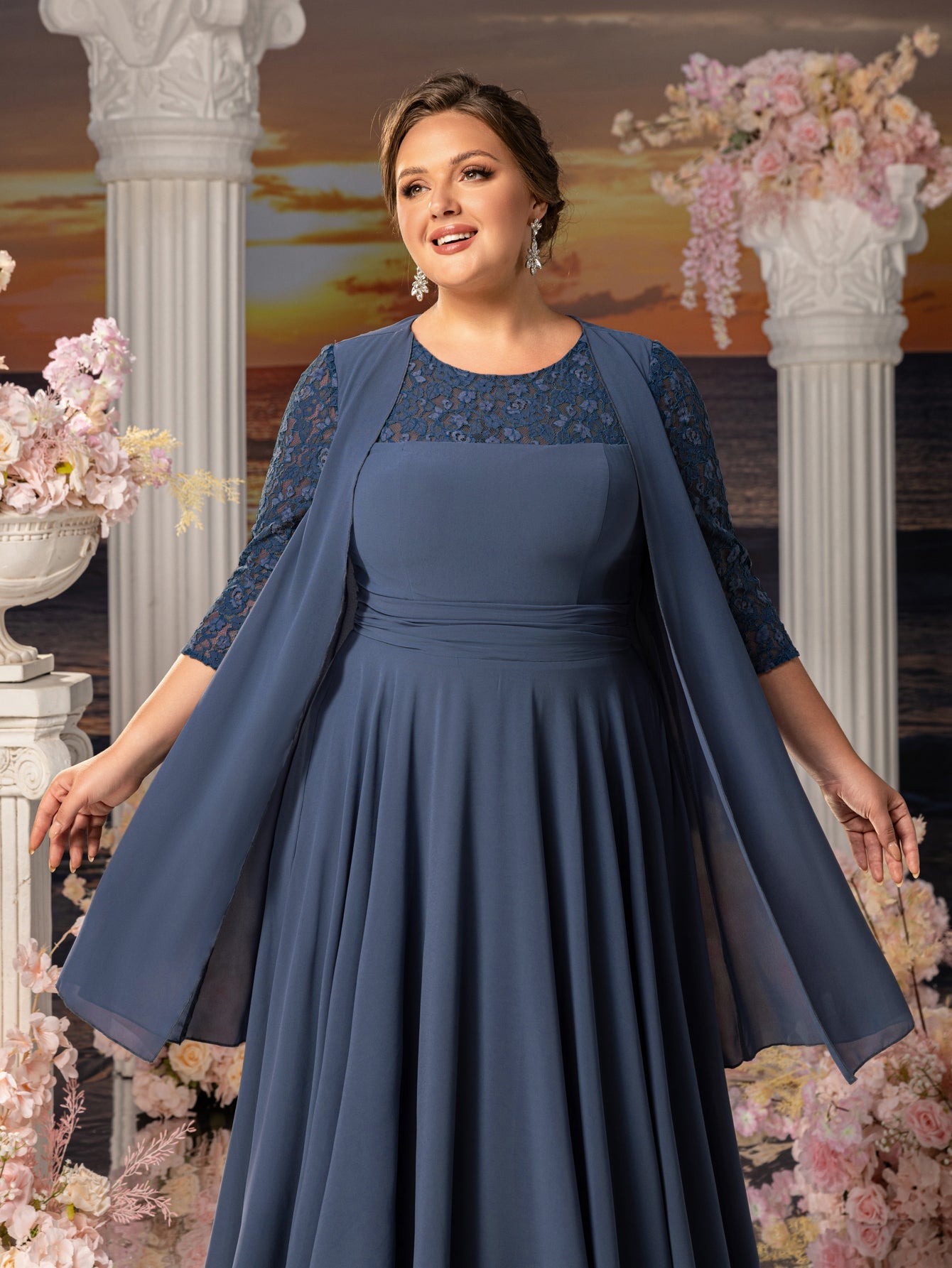 Plus Womens' Lace & Chiffon Mother-of-the-Bride Dress: Flowing Beach Blue Ashes / 4XL Plus Womens' Lace & Chiffon Mother-of-the-Bride Dress: Flowing Beach Blue Ashes / 4XL