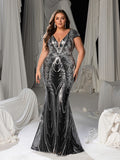 Plus Size Luxury Floral Sequin Deep V-Neck Mermaid Evening Dress