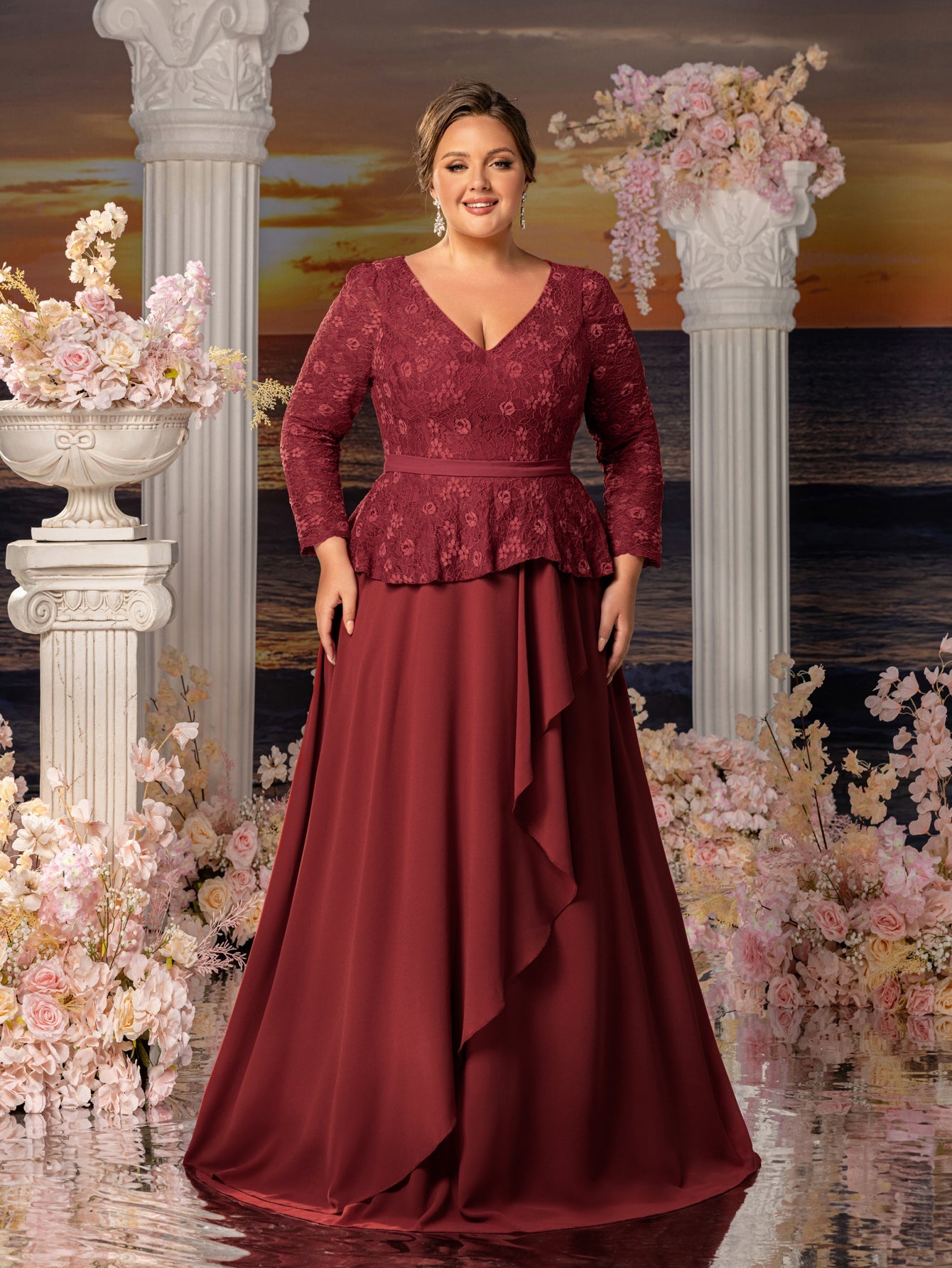 plus elegant mother of the bride dresses Plus Womens' ELegant Mother-of-the-Bride Gown: Lace Bodice with Chiffon Ruffled Sleeves Elegant Beach Wedding Formal Dress