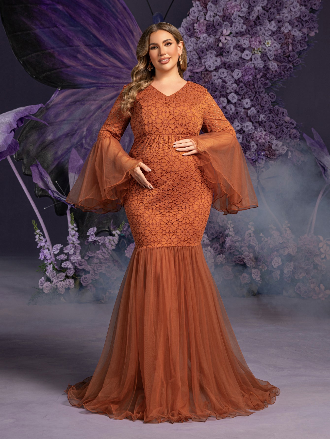 Plus Maternity V Neck Flared Sleeves Mesh Contrast Lace Evening Dress Orange / 2XL Plus Maternity V Neck Flared Sleeves Mesh Contrast Lace Evening Dress Orange / 2XL