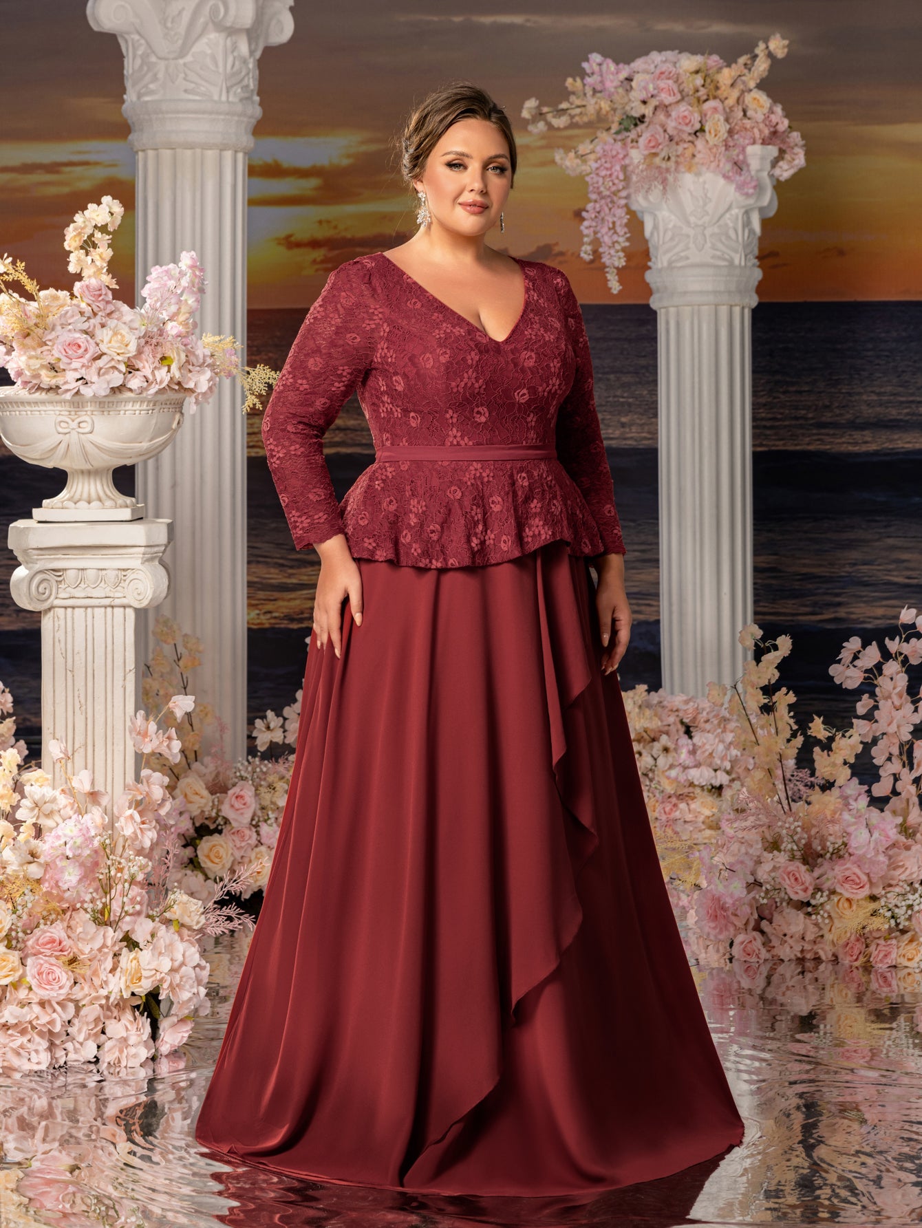 beach wedding mother of bride dresses Plus Womens' Elegant Mother-of-the-Bride Gown: Lace V-Neck with Chiff, Rust / 1XL
