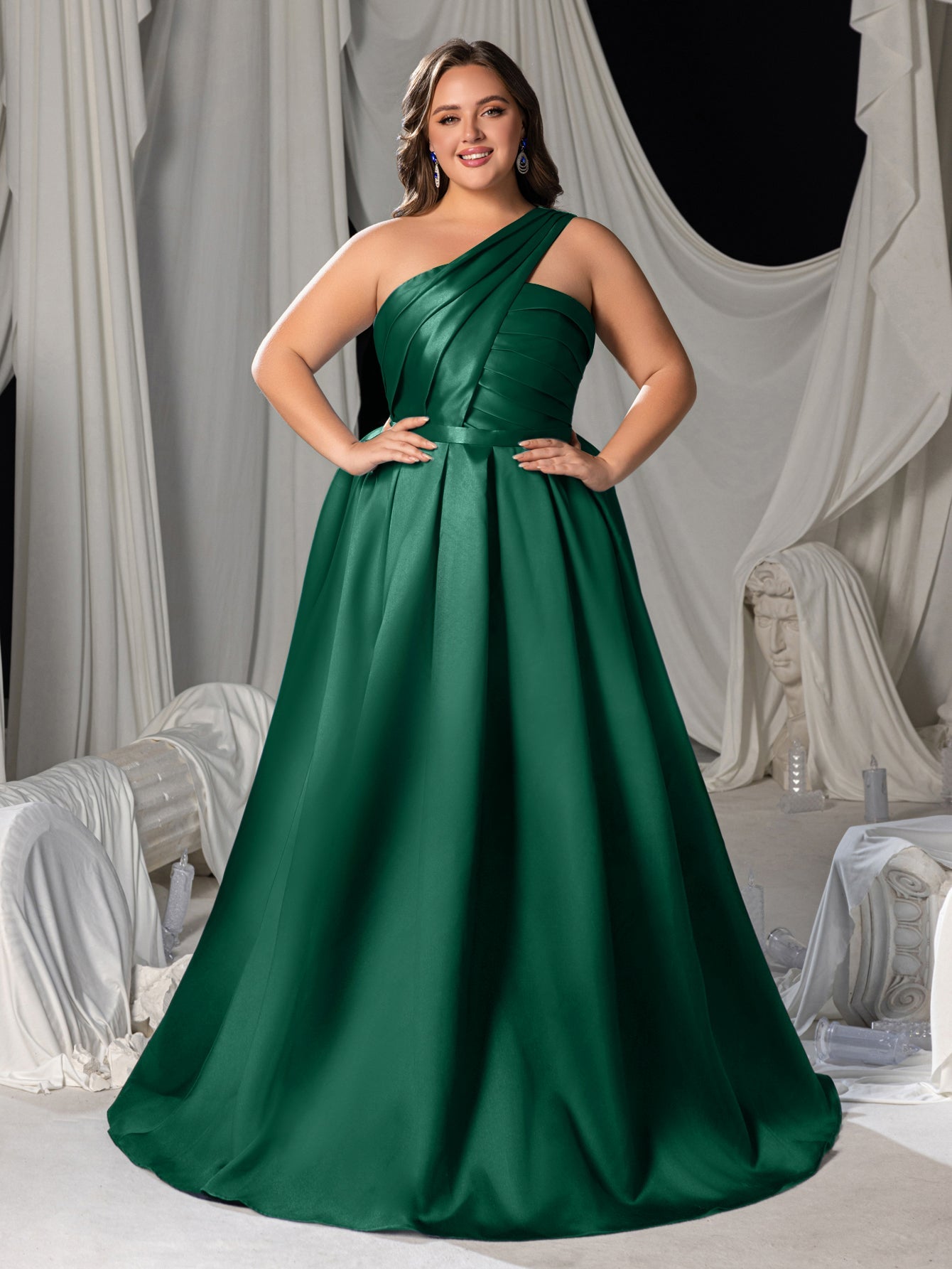 Plus One-Shoulder Satin Gown with Pleated Shoulders, Crisscross Back Dark Green / 2XL Plus One-Shoulder Satin Gown with Pleated Shoulders, Crisscross Back Dark Green / 2XL