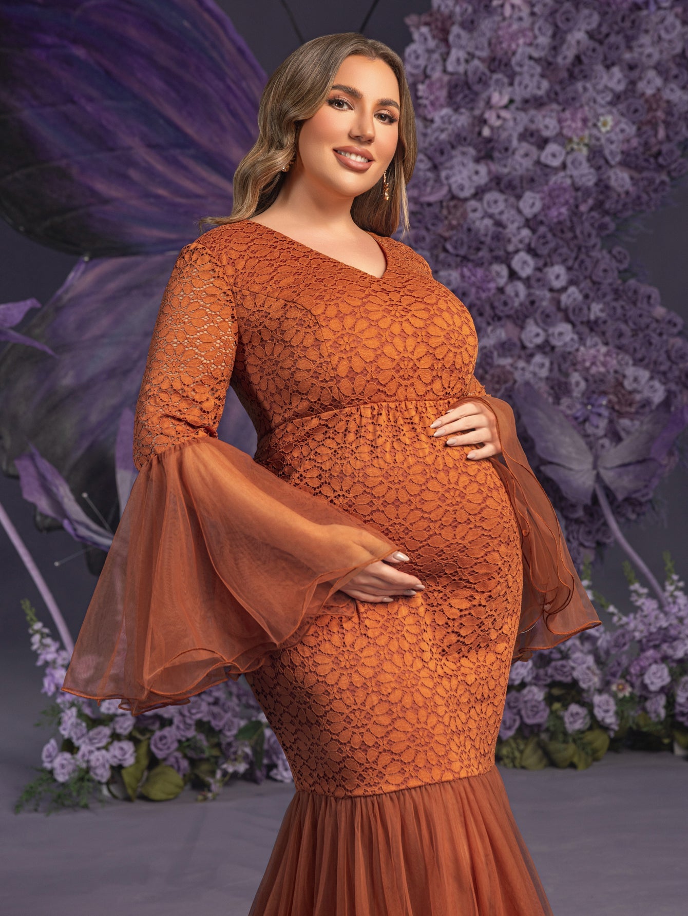 Plus Maternity V Neck Flared Sleeves Mesh Contrast Lace Evening Dress Orange / 2XL Plus Maternity V Neck Flared Sleeves Mesh Contrast Lace Evening Dress Orange / 2XL