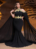 Plus Luxury Mermaid Gown with Flowing Cape & Gold Embellishments for Red Carpet or Luxury Weddings