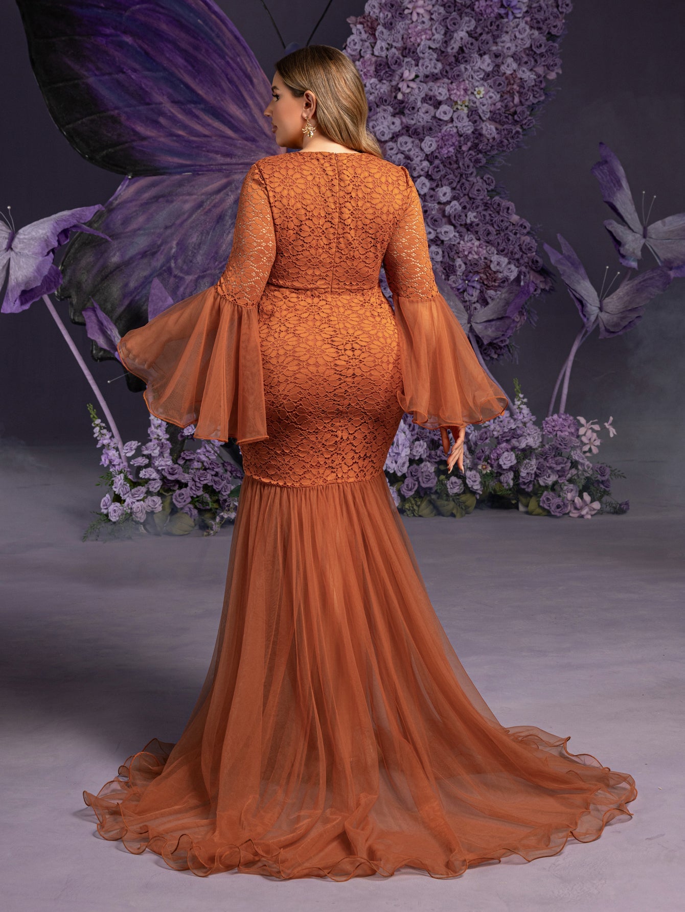 Plus Maternity V Neck Flared Sleeves Mesh Contrast Lace Evening Dress Orange / 2XL Plus Maternity V Neck Flared Sleeves Mesh Contrast Lace Evening Dress Orange / 2XL
