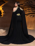 Plus Luxury Mermaid Gown with Flowing Cape & Gold Embellishments for Red Carpet or Luxury Weddings
