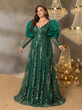 Plus Luxury Plunging Neck Backless Gigot Sleeves Maxi Prom Dress