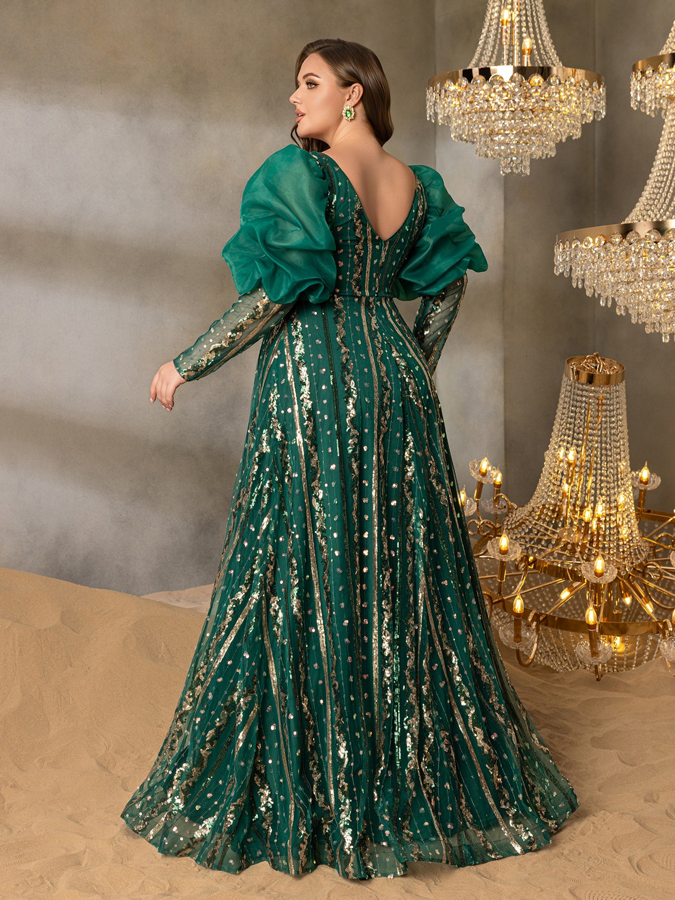 Plus Luxury Plunging Neck Backless Gigot Sleeves Maxi Prom Dress – Curvepretty