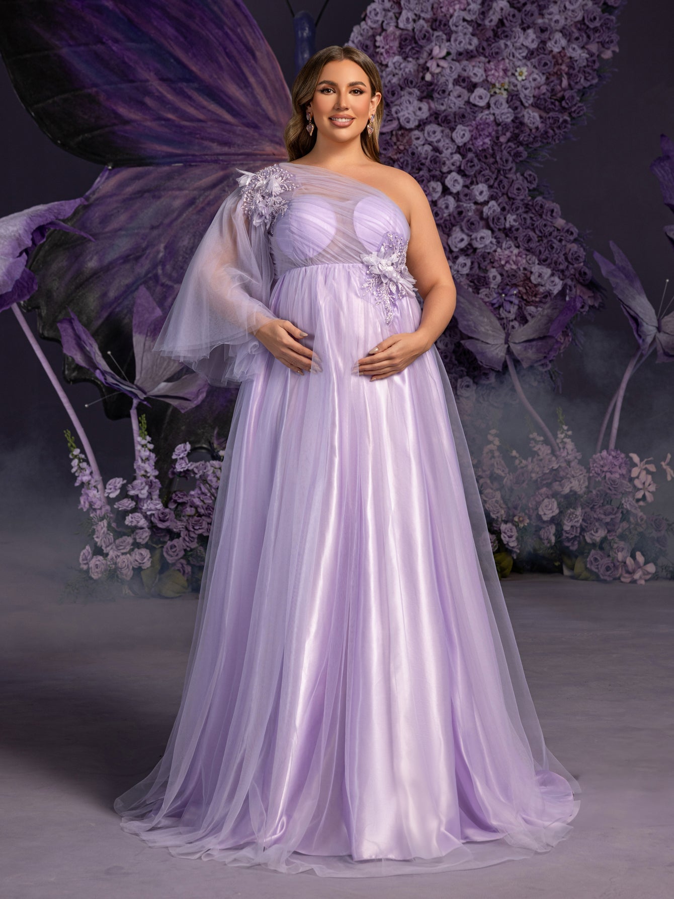 Plus Maternity Applique Details One Shoulder Tulle Evening Dress Violet / 3XL Plus Maternity Applique Details One Shoulder Tulle Evening Dress Violet / 3XL