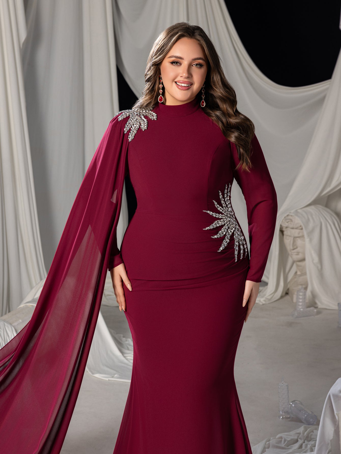 Plus Long-Sleeve High-Neck Mermaid Gown with Rhinestones & Transparent Cape Drape