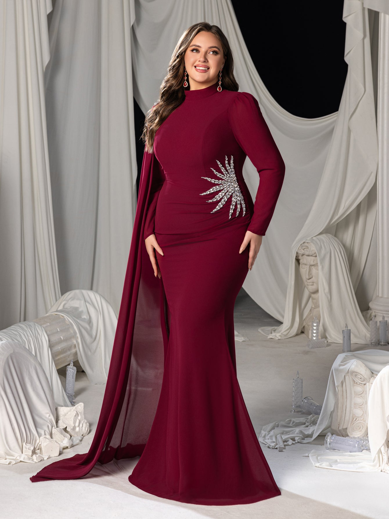Plus Long-Sleeve High-Neck Mermaid Gown with Rhinestones & Transparent Cape Drape