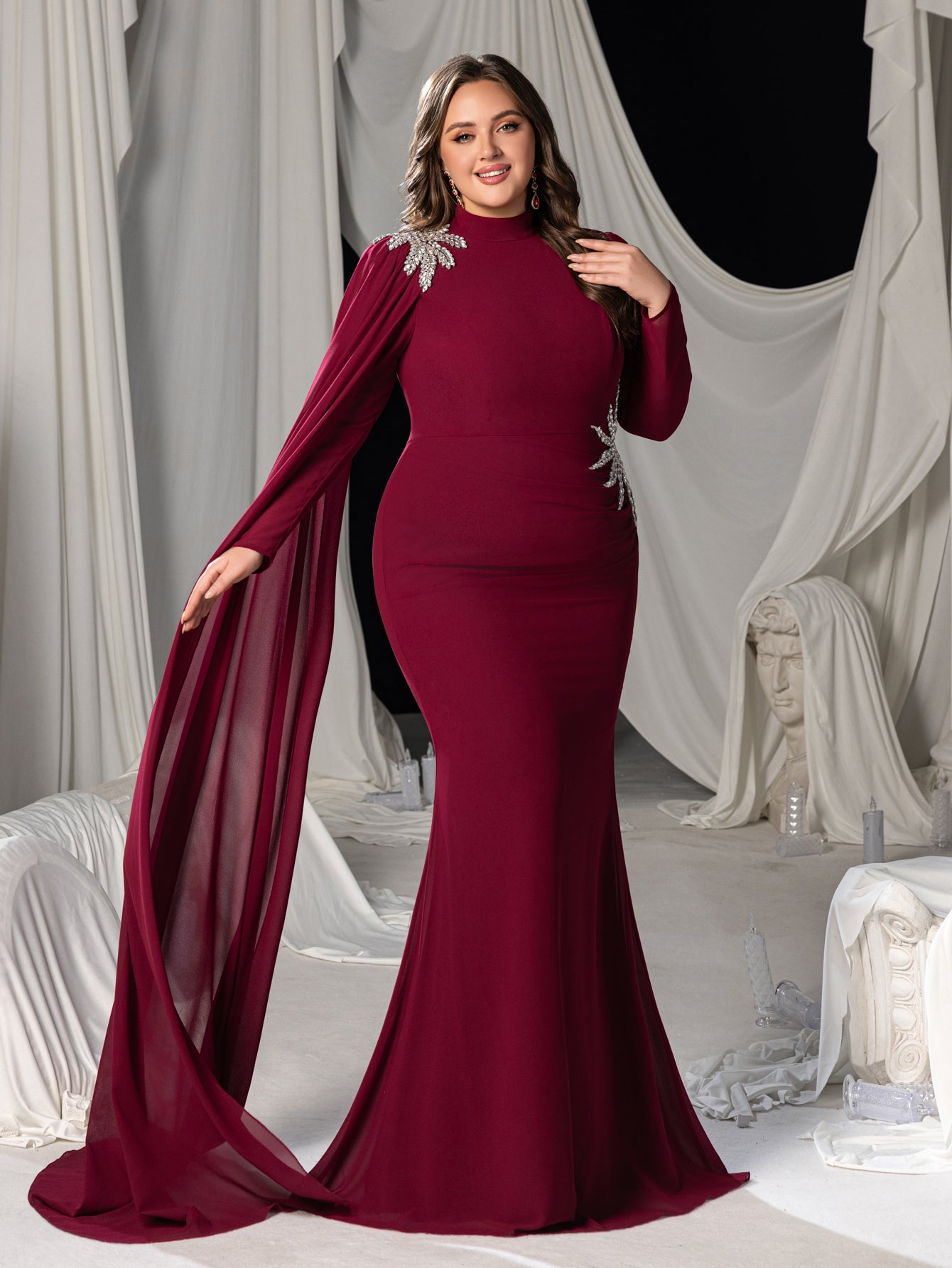 Plus Long-Sleeve High-Neck Mermaid Gown with Rhinestones & Transparent Cape Drape