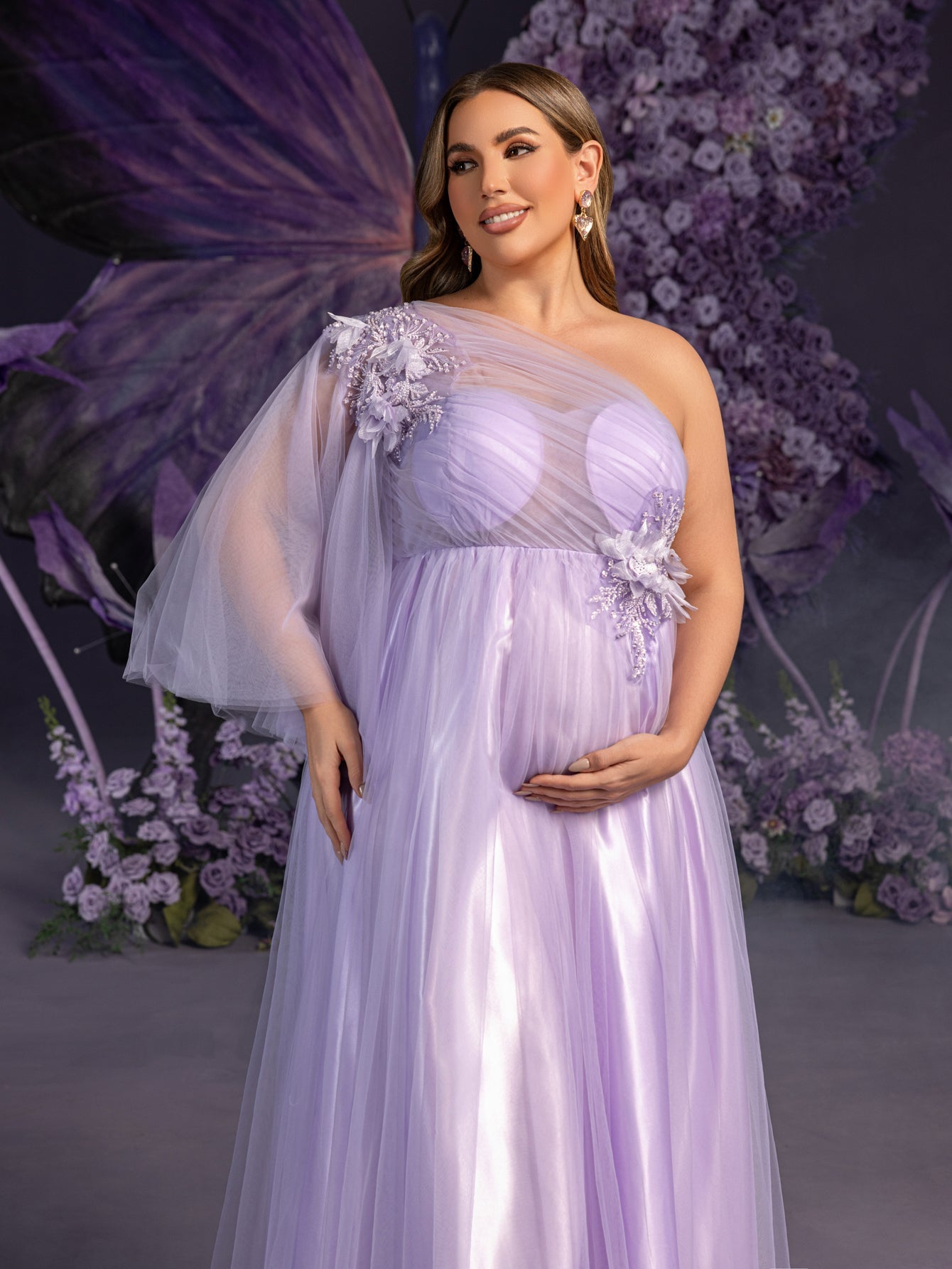 Plus Maternity Applique Details One Shoulder Tulle Evening Dress Violet / 3XL Plus Maternity Applique Details One Shoulder Tulle Evening Dress Violet / 3XL