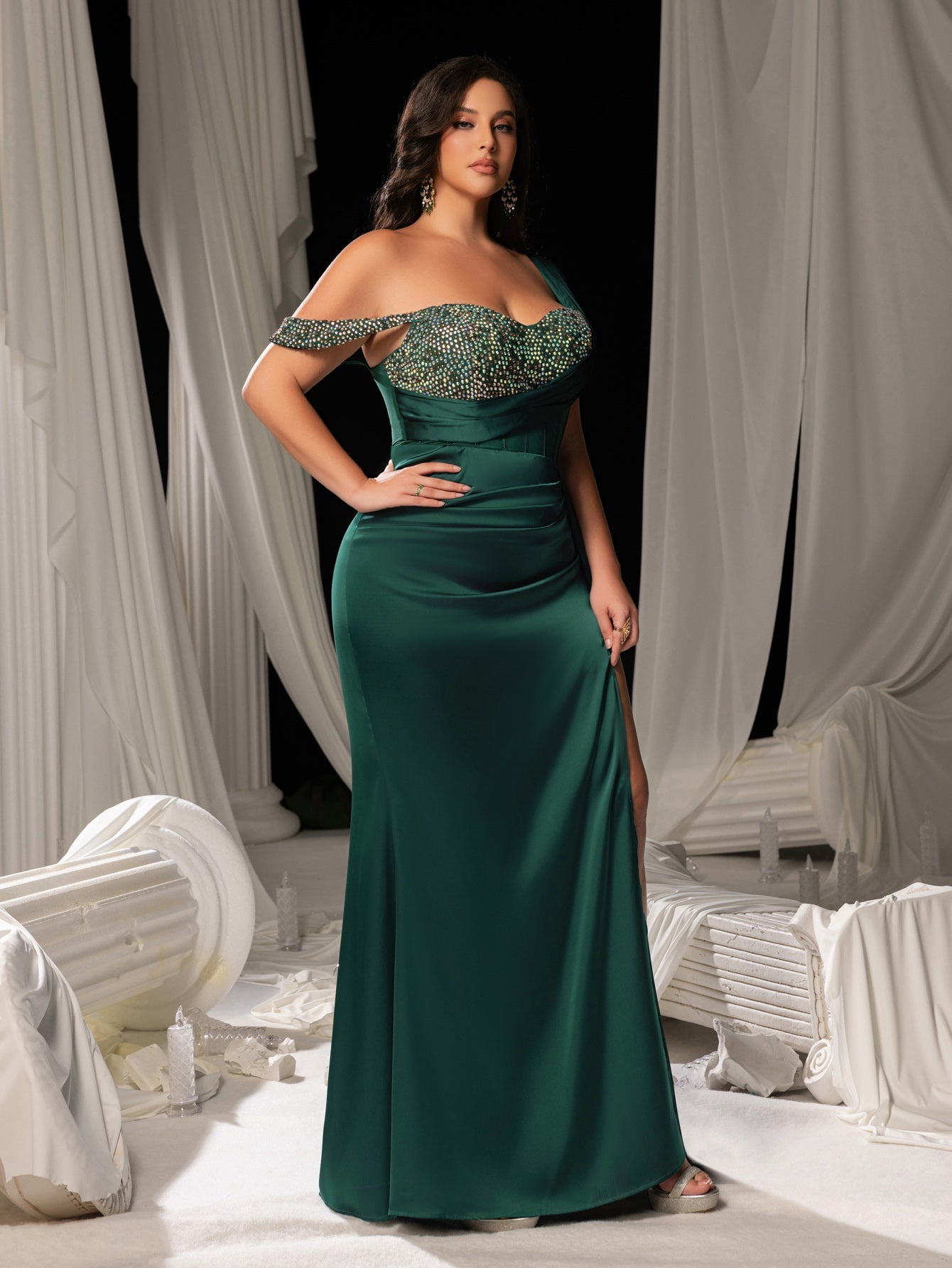 Plus Asymmetrical Neck Split Thigh Satin Mermaid Dress Evening Dress Royal Blue / 3XL Plus Asymmetrical Neck Split Thigh Satin Mermaid Dress Evening Dress Royal Blue / 3XL