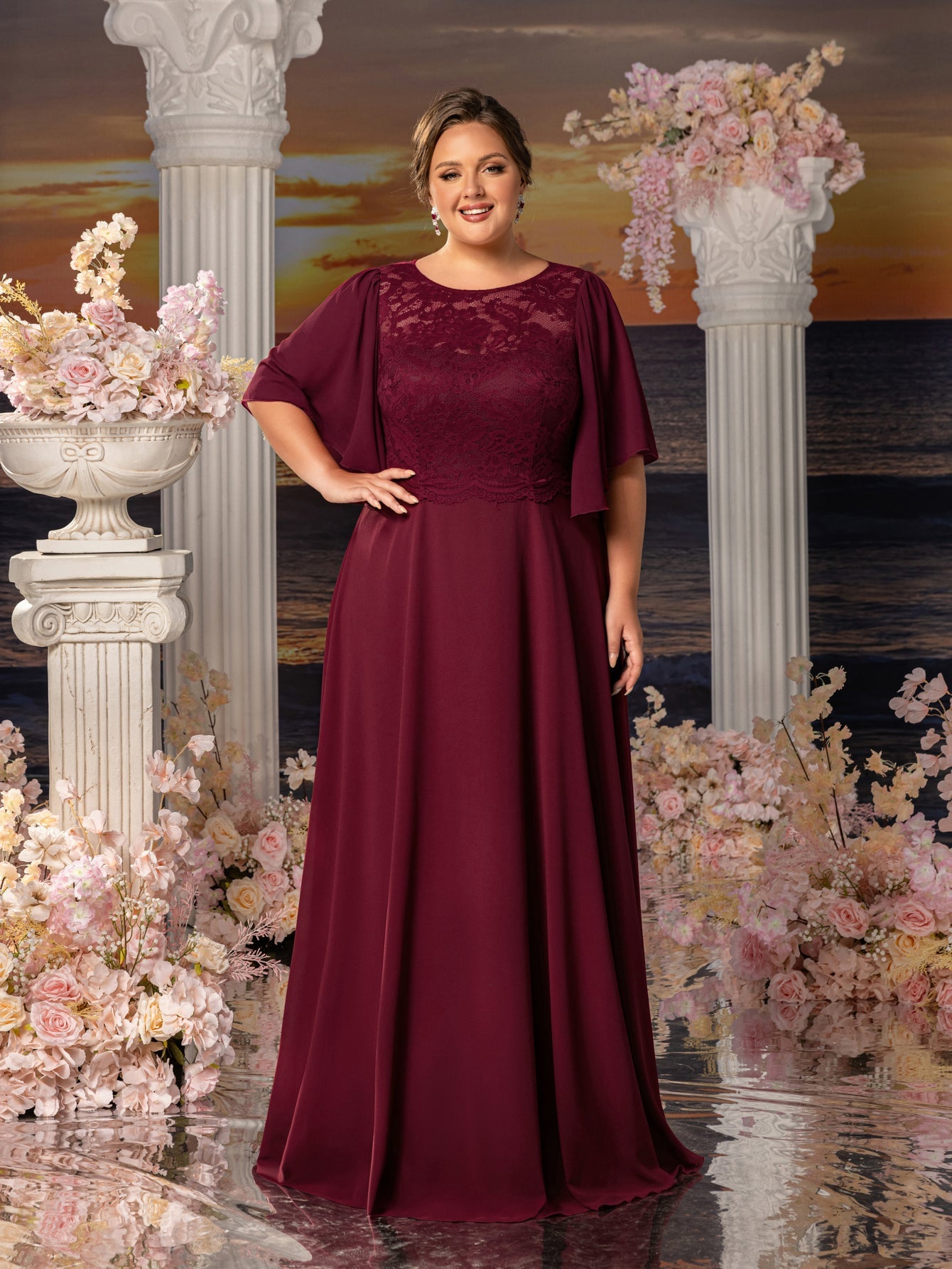 Plus Womens' ELegant Mother-of-the-Bride Gown: Lace Bodice with Chiff Burgundy / 1XL Plus Womens' ELegant Mother-of-the-Bride Gown: Lace Bodice with Chiff Burgundy / 1XL