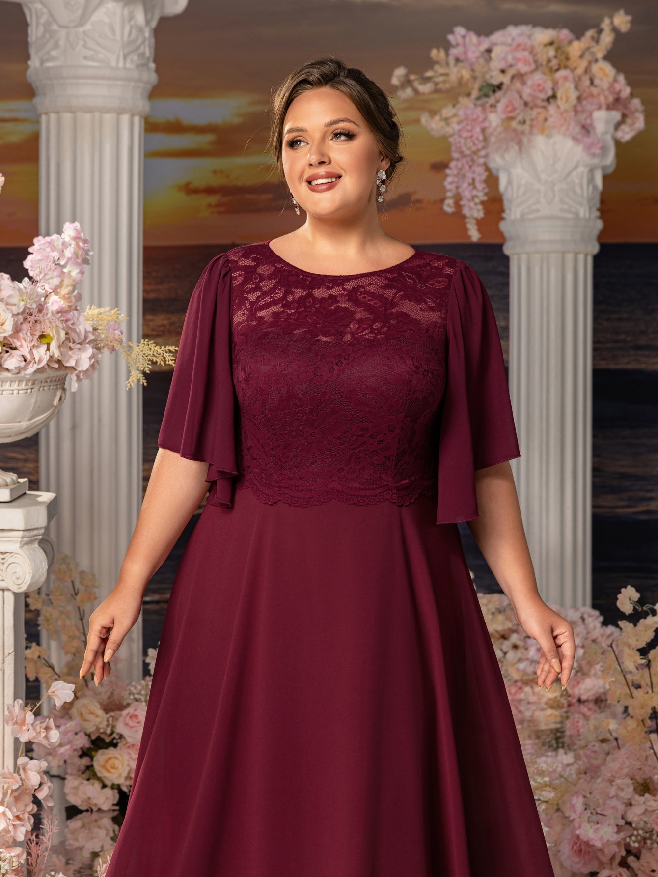 Plus Womens' ELegant Mother-of-the-Bride Gown: Lace Bodice with Chiff Burgundy / 1XL Plus Womens' ELegant Mother-of-the-Bride Gown: Lace Bodice with Chiff Burgundy / 1XL