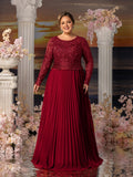 Plus Womens' Elegant A-Line Formal Dress with Long-Sleeve Lace Bodice & Chiffon Pleated Skirt