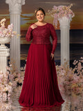 Plus Womens' Elegant A-Line Formal Dress with Long-Sleeve Lace Bodice & Chiffon Pleated Skirt