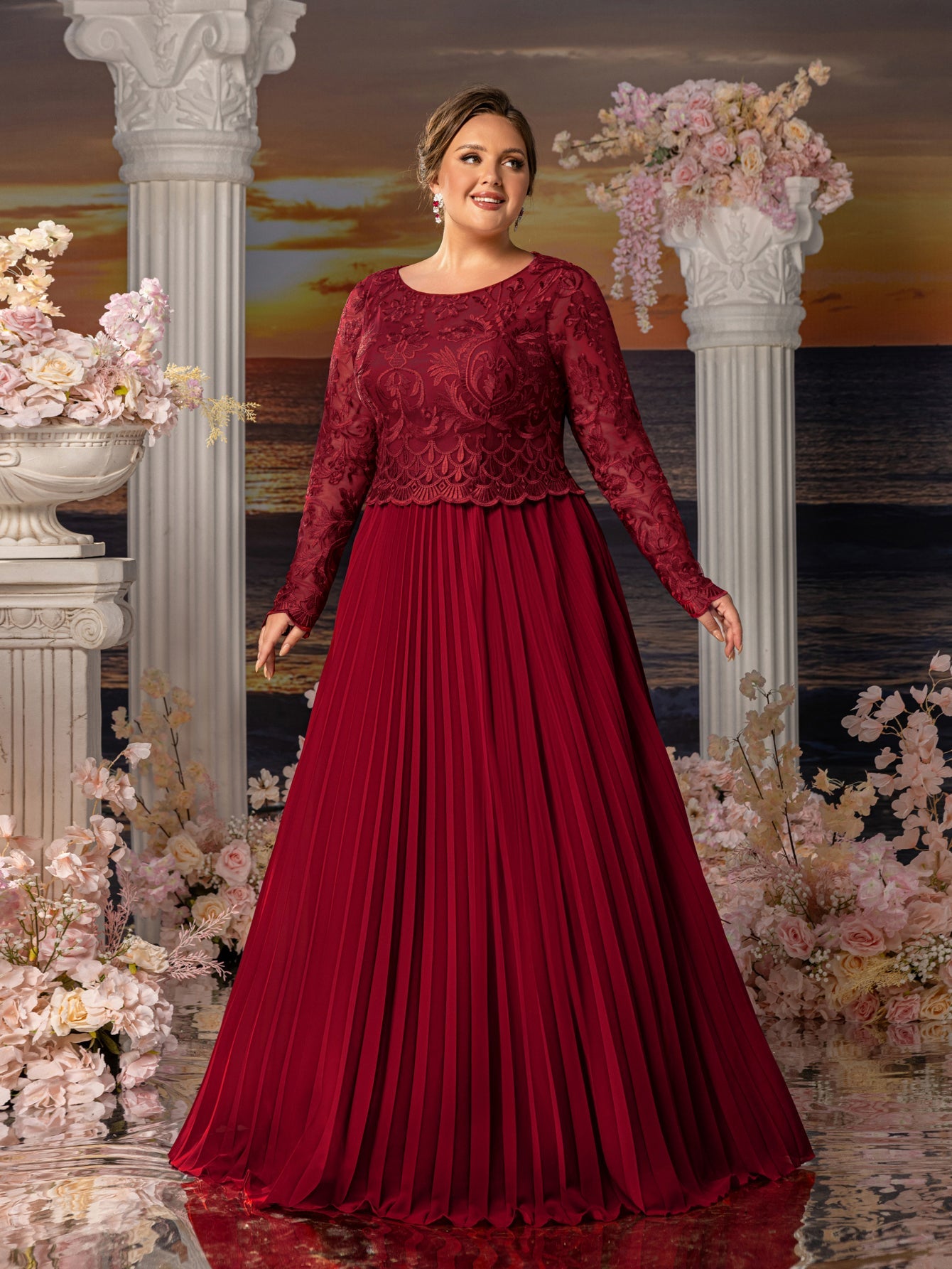 Plus Womens' Elegant A-Line Formal Dress with Long-Sleeve Lace Bodice & Chiffon Pleated Skirt