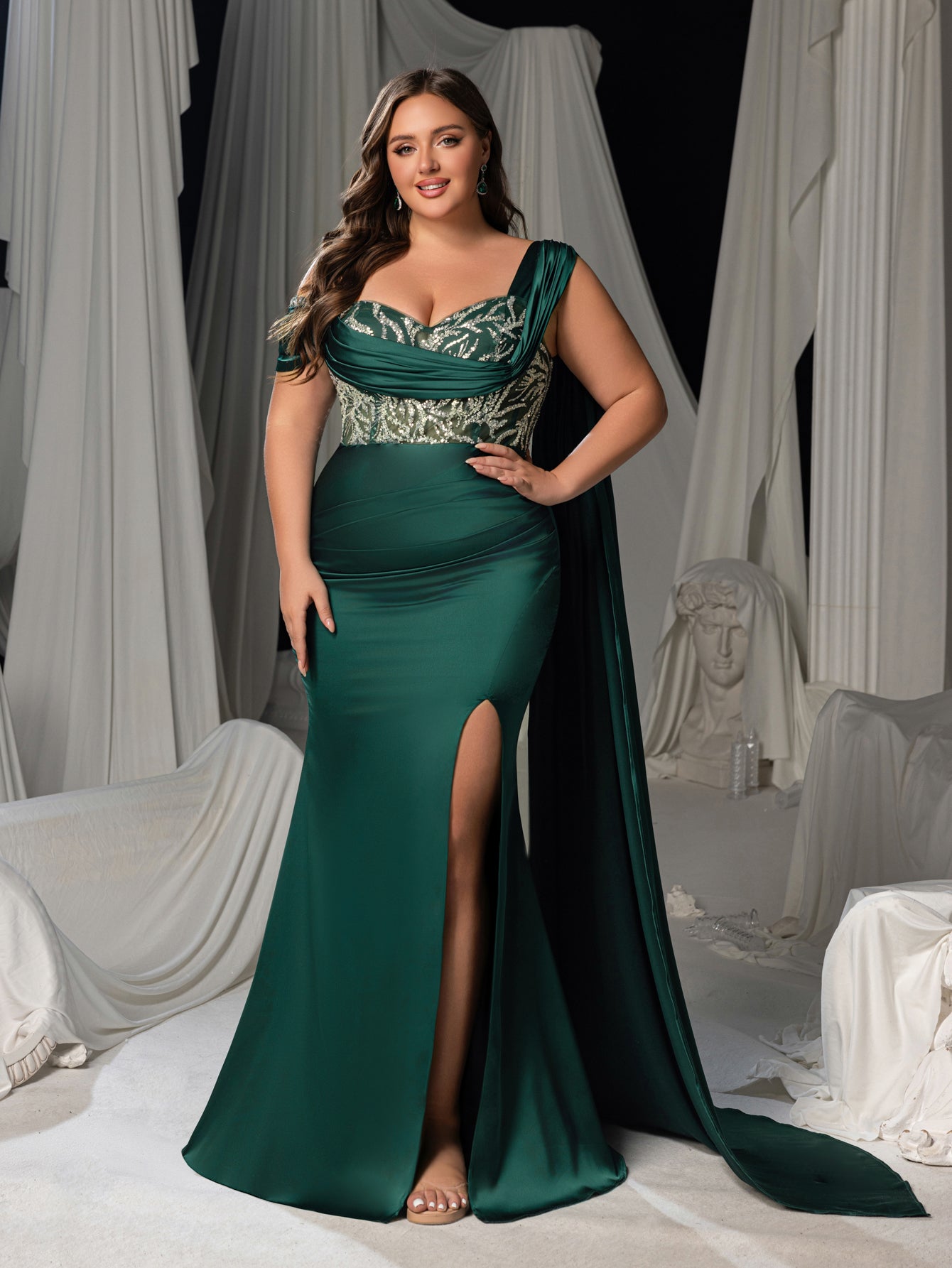 Plus Size One-Shoulder Sequin Bodice Formal Dress with Corset Back & Dark Green / 3XL Plus Size One-Shoulder Sequin Bodice Formal Dress with Corset Back & Dark Green / 3XL