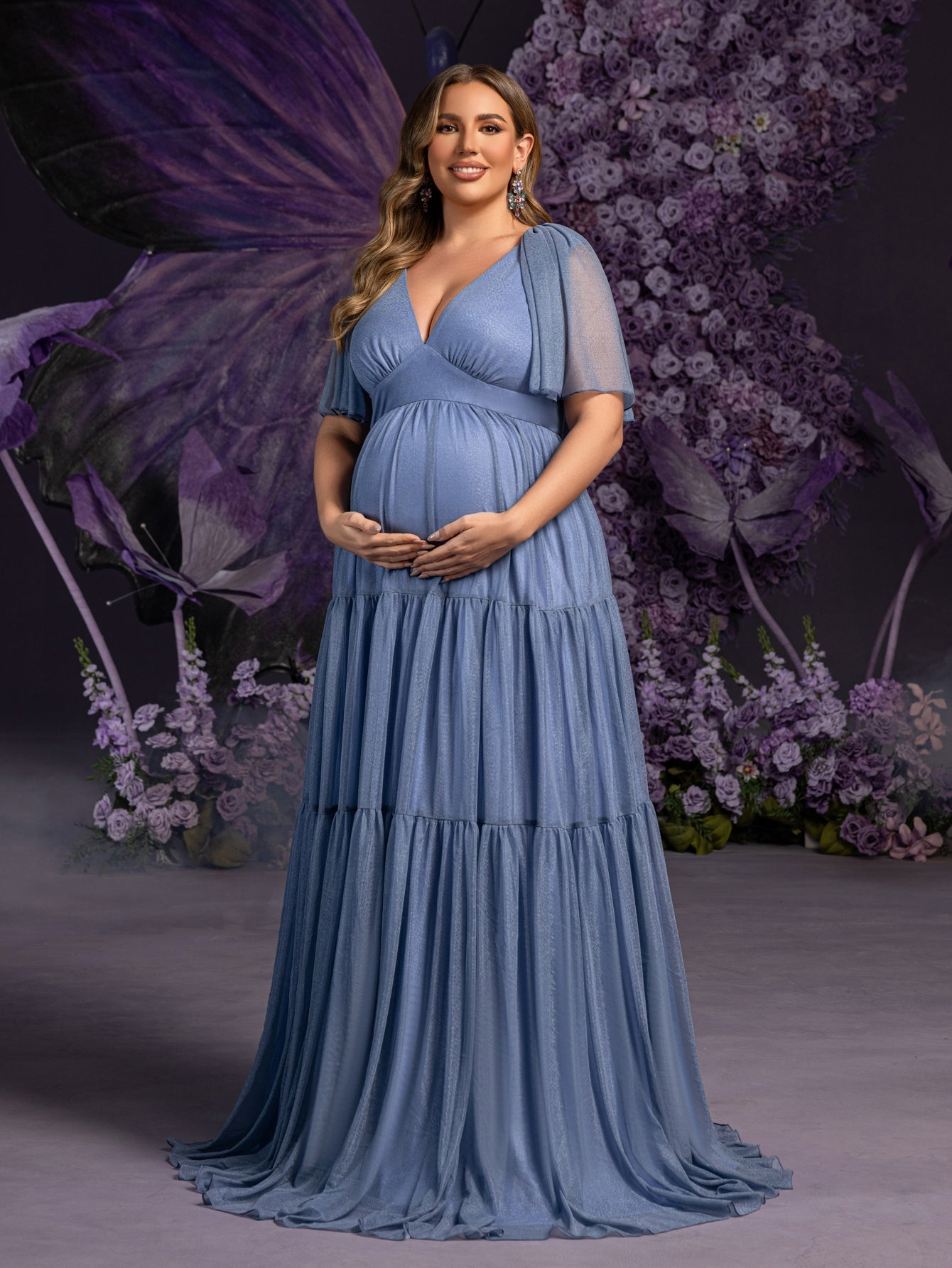 Plus Maternity Gowns: Deep V-Neck & Sheer Sleeve Tiered Tulle Dresses Blue Ashes / 2XL Plus Maternity Gowns: Deep V-Neck & Sheer Sleeve Tiered Tulle Dresses Blue Ashes / 2XL
