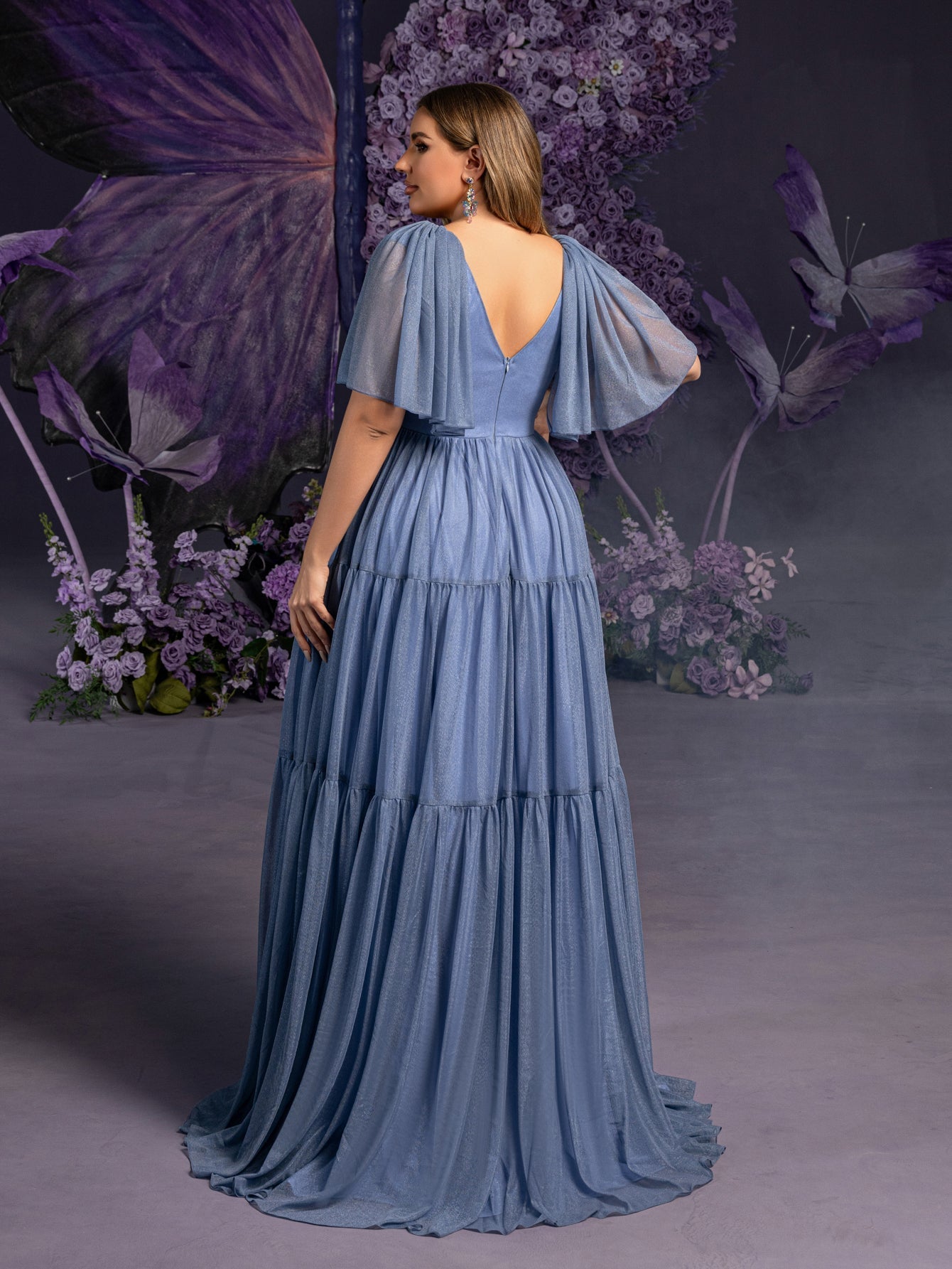 Plus Maternity Gowns: Deep V-Neck & Sheer Sleeve Tiered Tulle Dresses Blue Ashes / 2XL Plus Maternity Gowns: Deep V-Neck & Sheer Sleeve Tiered Tulle Dresses Blue Ashes / 2XL