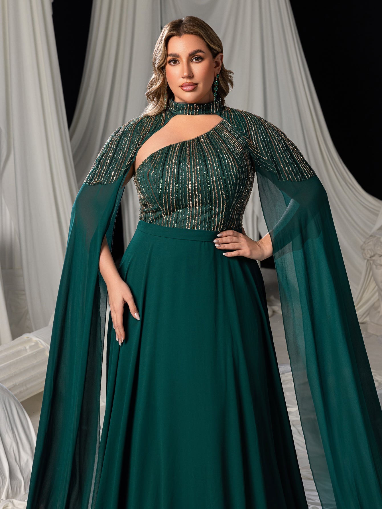 Plus High Neck Chiffon Gown with Detachable Cape | Asymmetrical Cutout & Beaded Embroidery