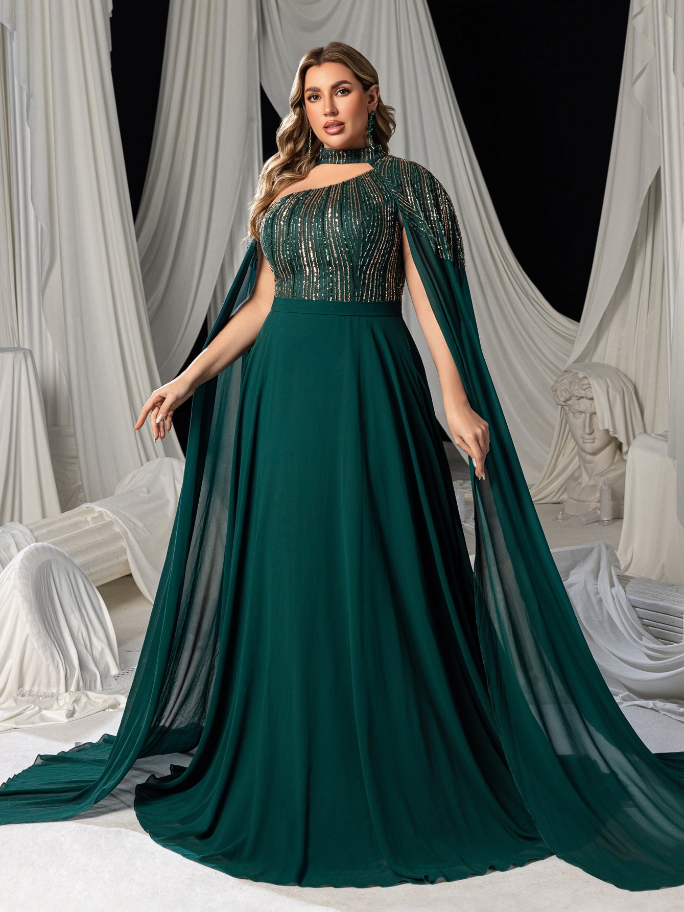 Plus High Neck Chiffon Gown with Detachable Cape | Asymmetrical Cutout & Beaded Embroidery