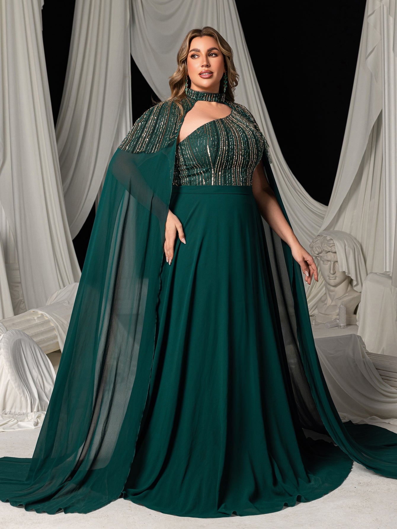 Plus High Neck Chiffon Gown with Detachable Cape | Asymmetrical Cutout & Beaded Embroidery