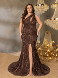 Plus Elegant One Shoulder Split Thigh Sequin Mermaid Hem Evening Dress