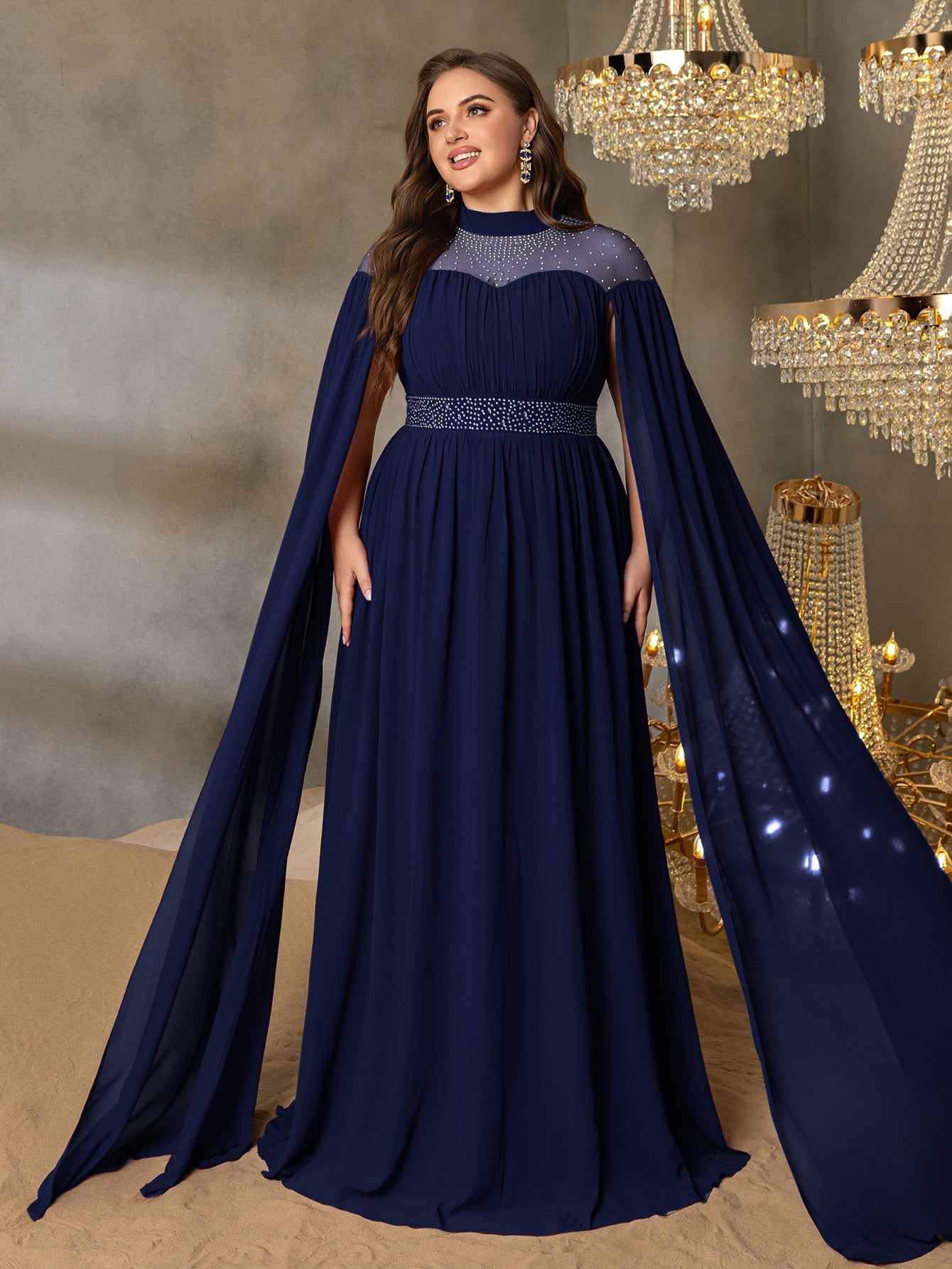 Plus Dramatic Cape Evening Dress | High Neck Chiffon with Rhinestone Details