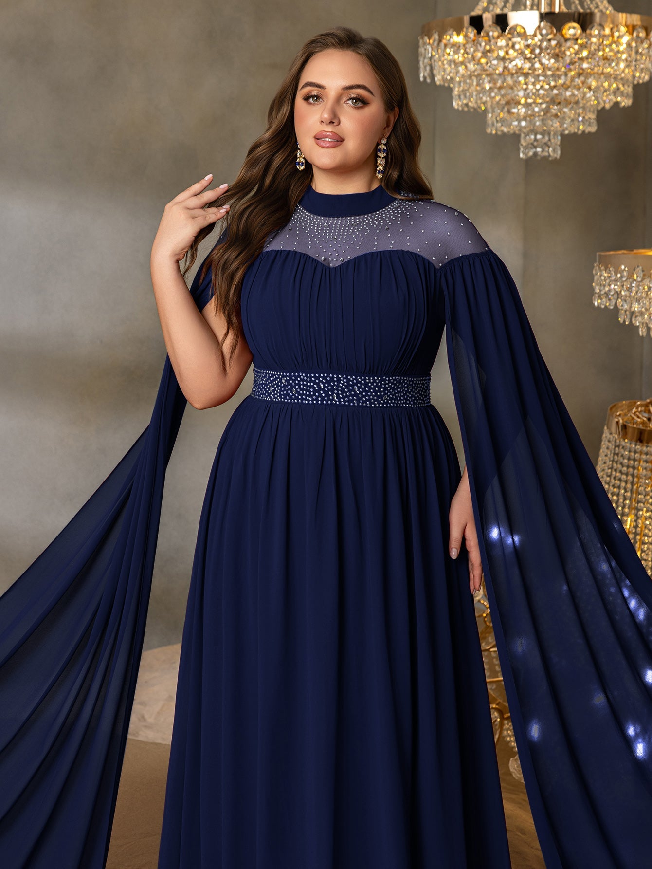 Plus Dramatic Cape Evening Dress | High Neck Chiffon with Rhinestone Details
