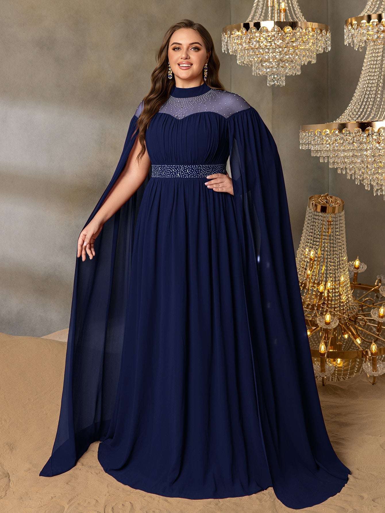 Plus Dramatic Cape Evening Dress | High Neck Chiffon with Rhineston Navy Blue / 2XL Plus Dramatic Cape Evening Dress | High Neck Chiffon with Rhineston Navy Blue / 2XL