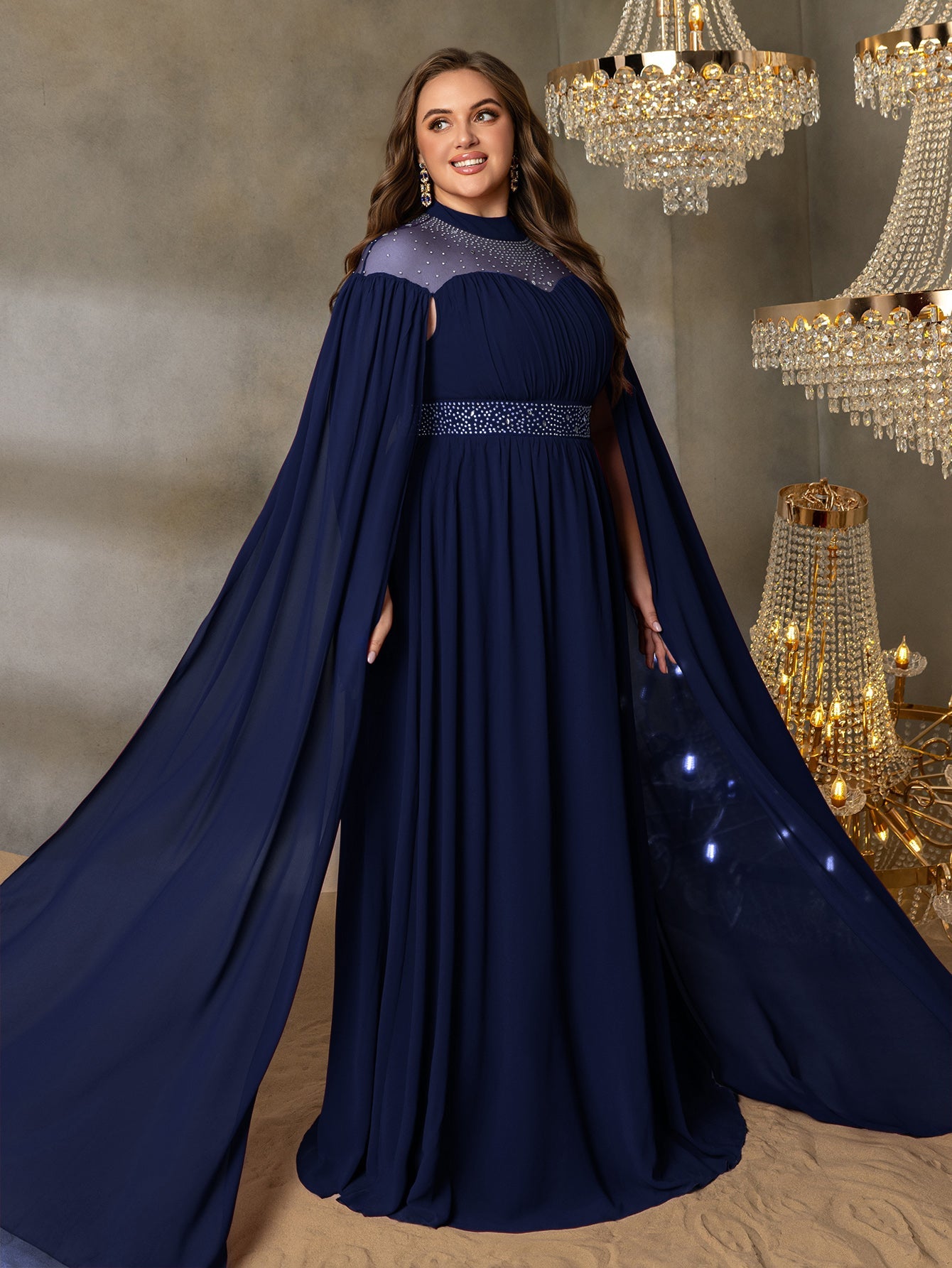 Plus Dramatic Cape Evening Dress | High Neck Chiffon with Rhinestone Details