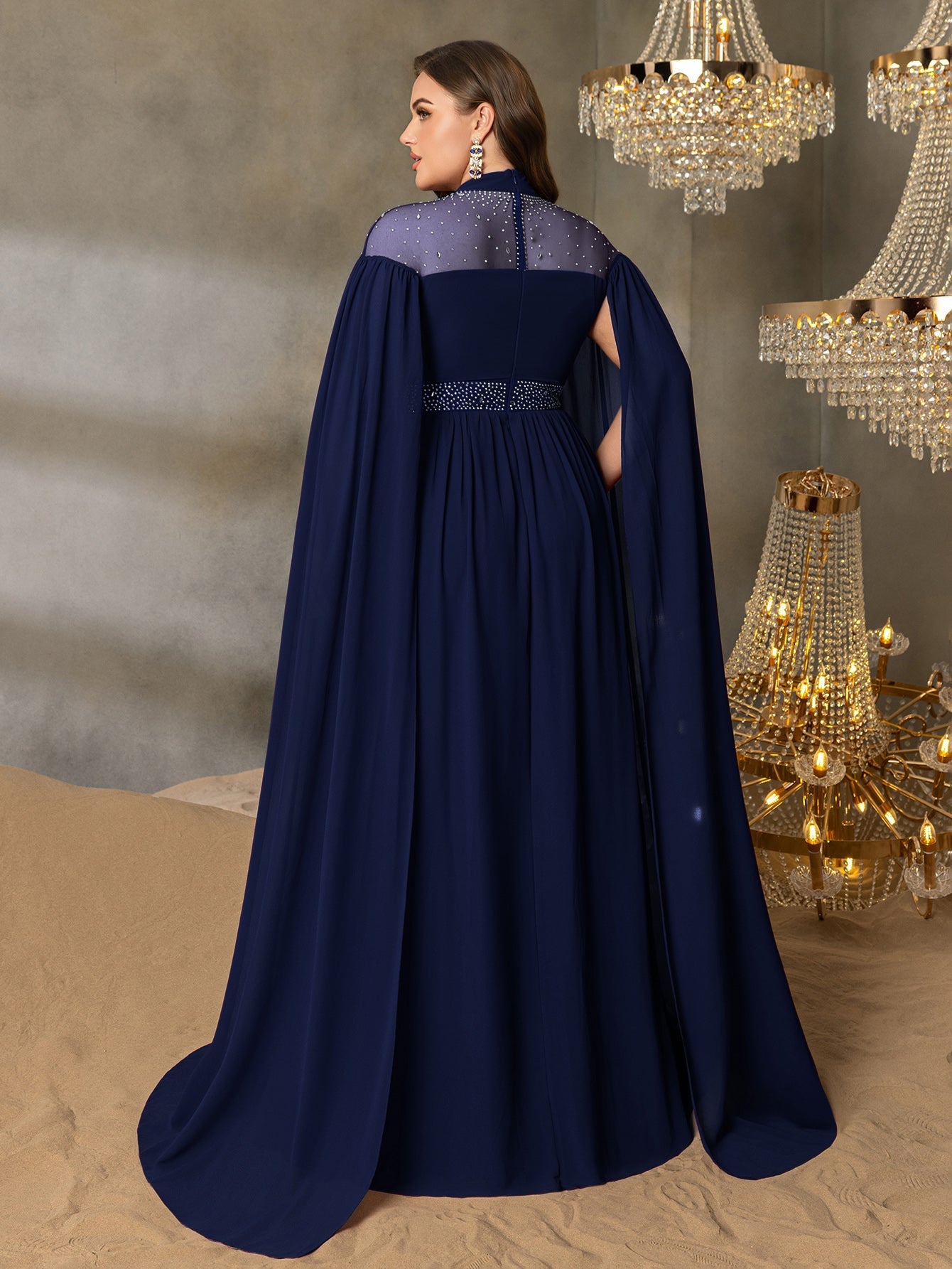 Plus Dramatic Cape Evening Dress | High Neck Chiffon with Rhinestone Details