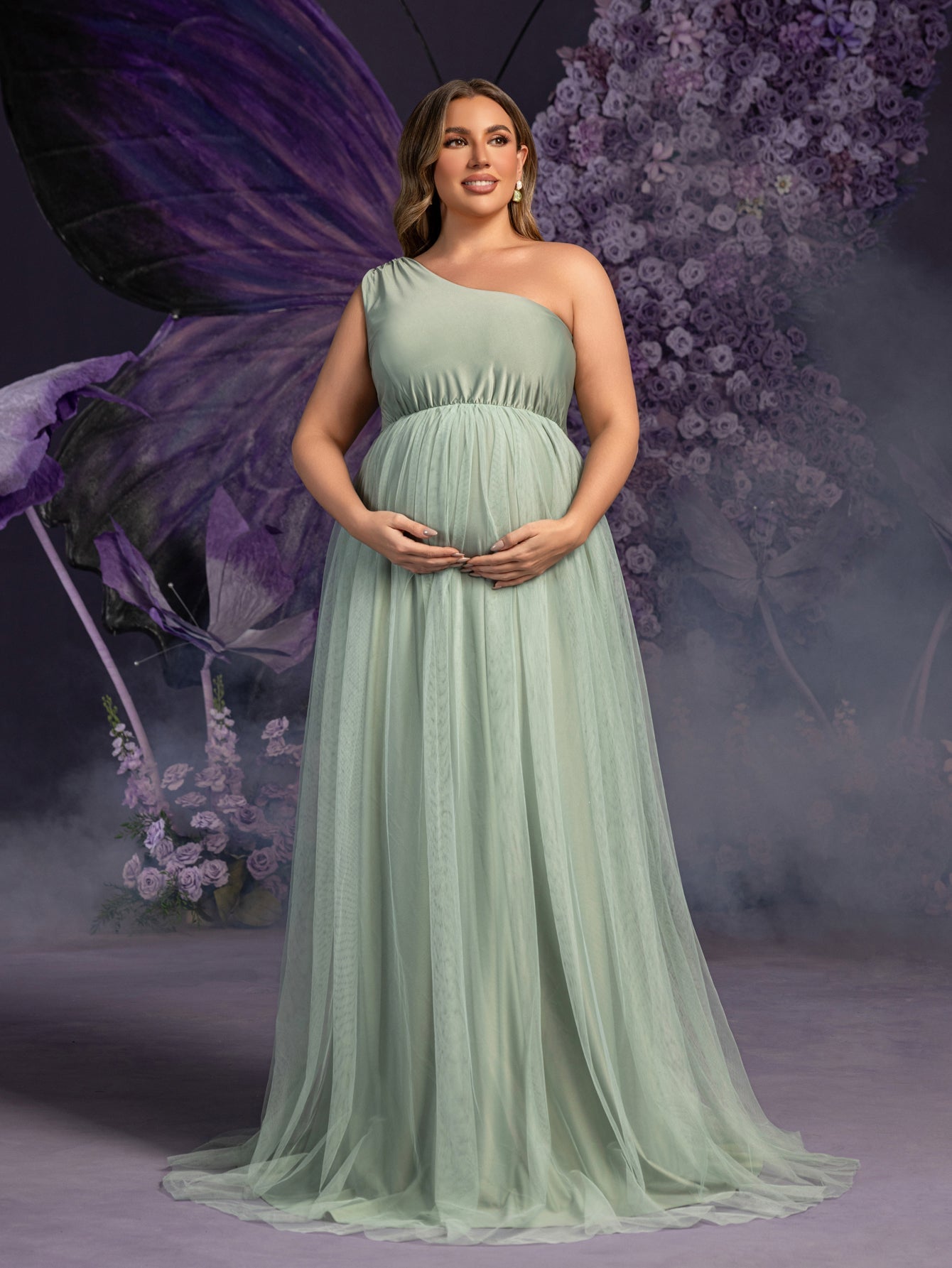 Plus Maternity One-Shoulder Gown with Asymmetrical Tulle Skirt & Shee Green / 2XL Plus Maternity One-Shoulder Gown with Asymmetrical Tulle Skirt & Shee Green / 2XL