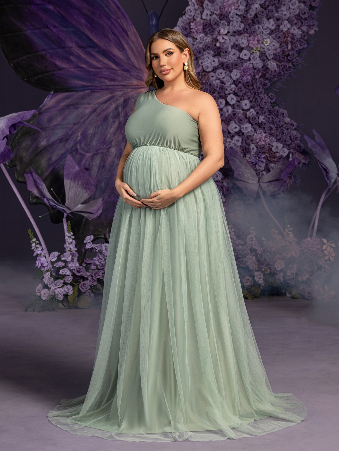 Plus Maternity One-Shoulder Gown with Asymmetrical Tulle Skirt & Shee Green / 2XL Plus Maternity One-Shoulder Gown with Asymmetrical Tulle Skirt & Shee Green / 2XL