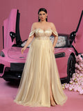 Plus Gorgeous Off Shoulder Beaded Sequin Bodice Split Thigh Tulle Formal Dress