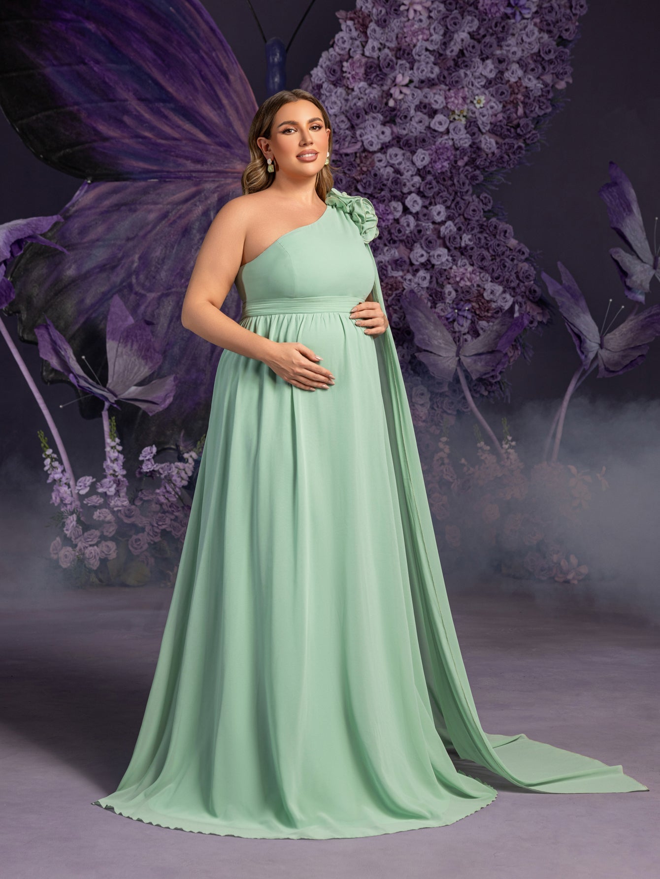 Plus Matenity One-Shoulder Chiffon Gown with Floral Appliqu & Floor- Green / 3XL Plus Matenity One-Shoulder Chiffon Gown with Floral Appliqu & Floor- Green / 3XL